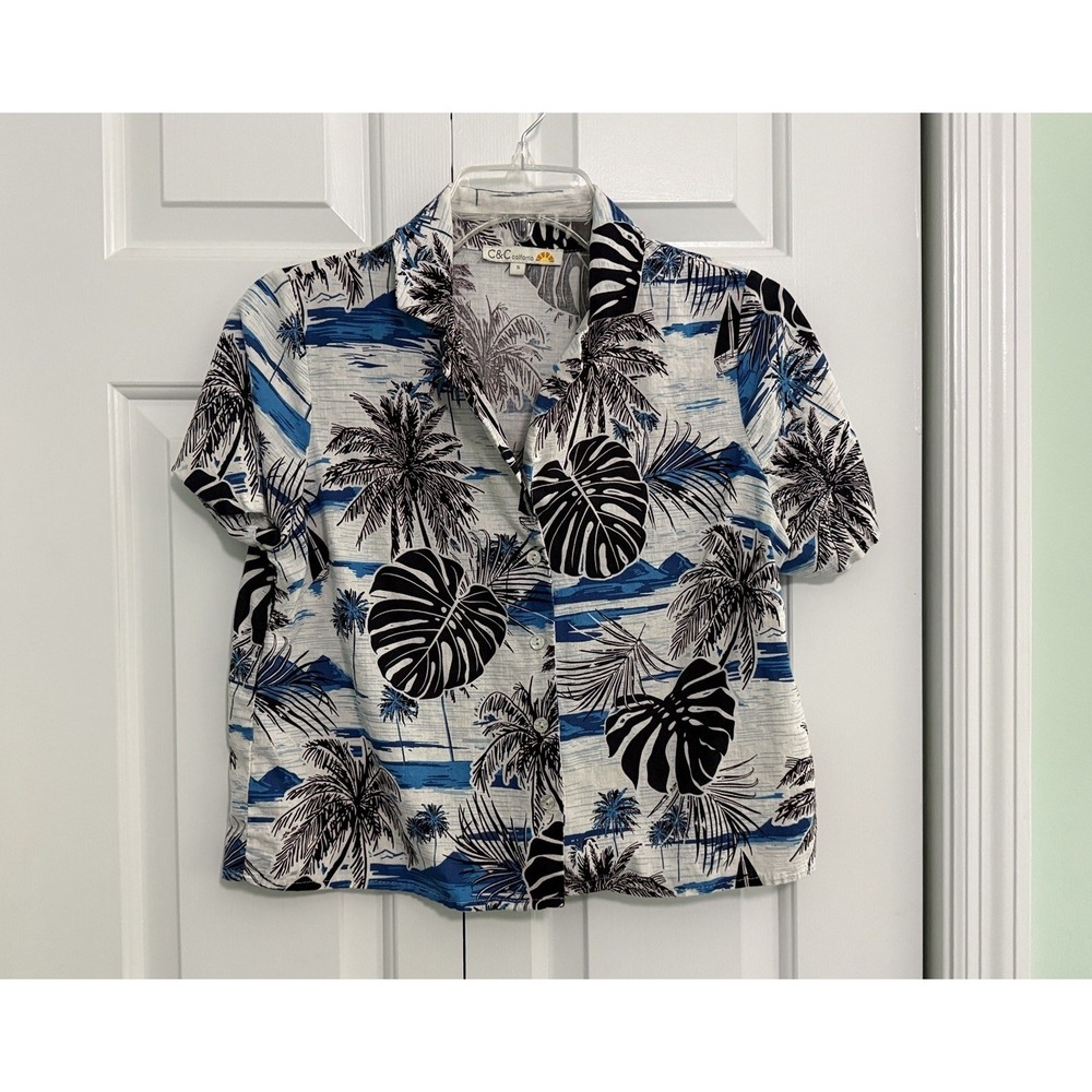 C&C California Women's Sz S Linen Rayon Button Short Sleeve Hawaiian Top Shirt
